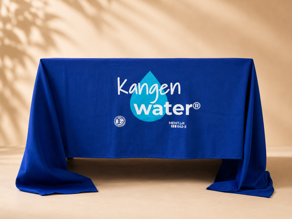 Mantel azul Kangen Water para presentaciones