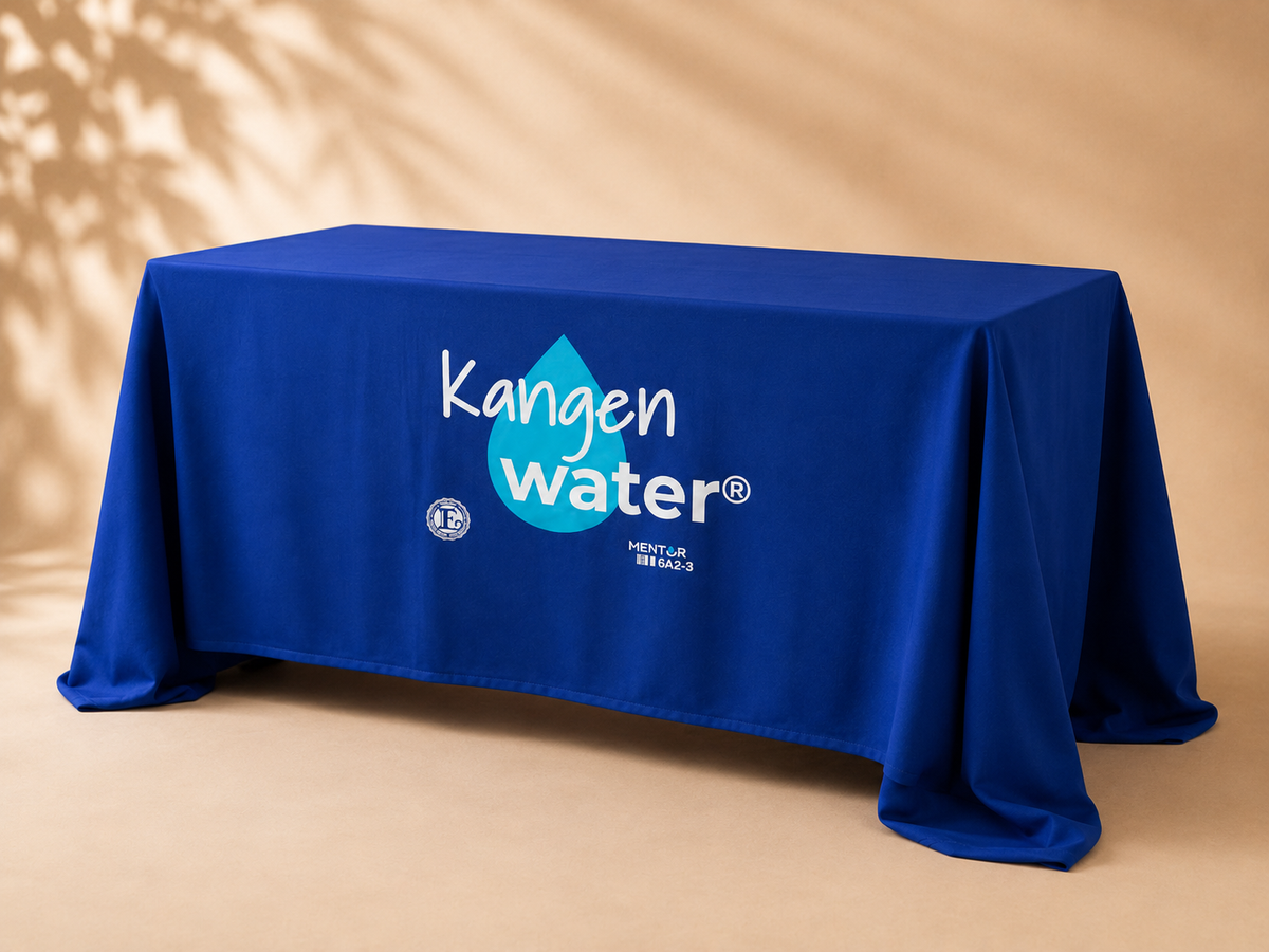 Mantel azul Kangen Water para presentaciones