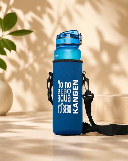 Portabotellas de neopreno azul Kangen con correa ajustable